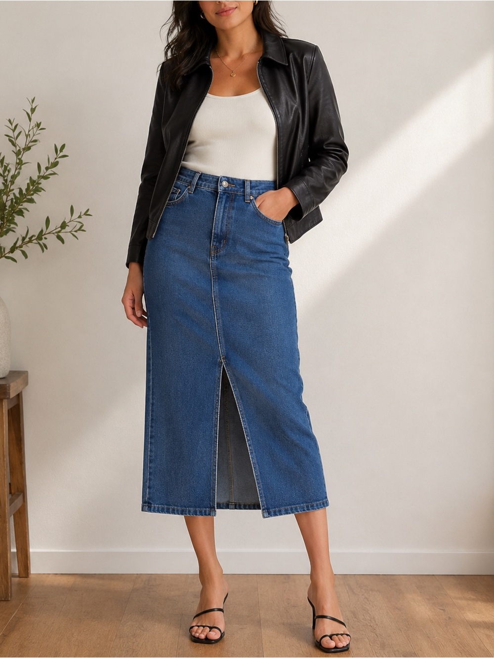 ONLY Denim Midi Skirt Front Slit Blue Jean Skirt Size Small
